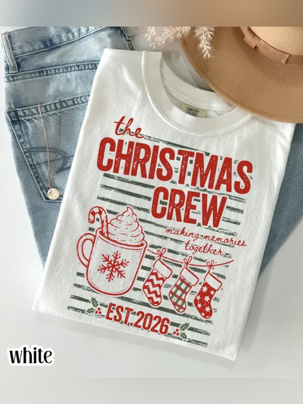 Comfort Colors White Tee with Red Christmas Crew Graphic, Gift For Him, For Her